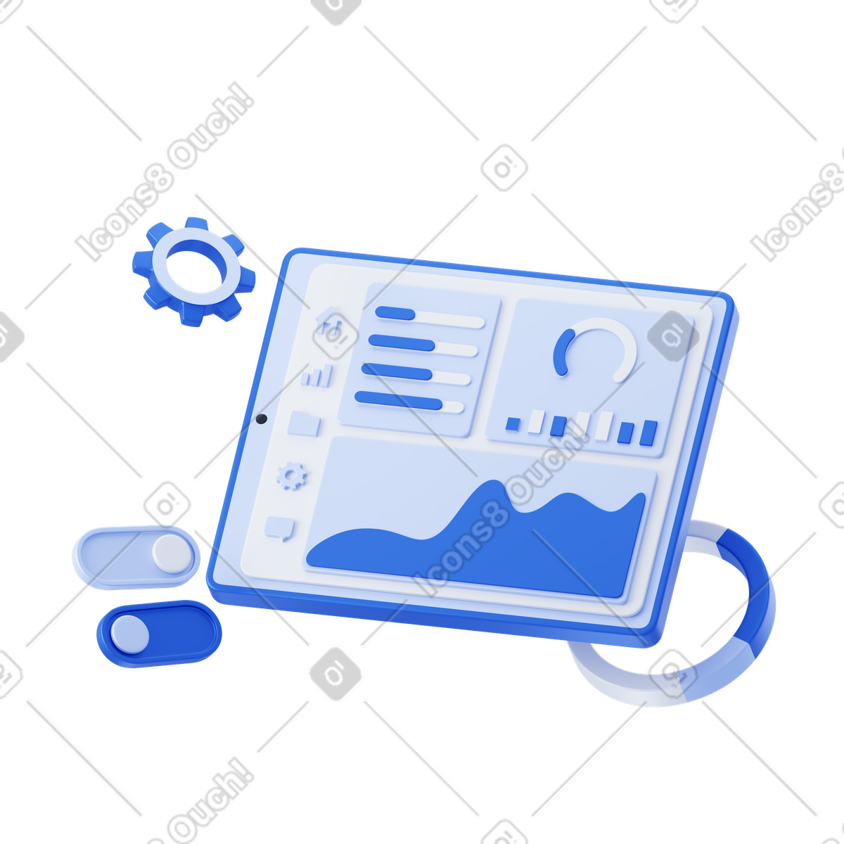 Tablet dashboard with charts and graphs, Business performance monitoring animated illustration in 3D Techny style download in GIF, Lottie (JSON), AE