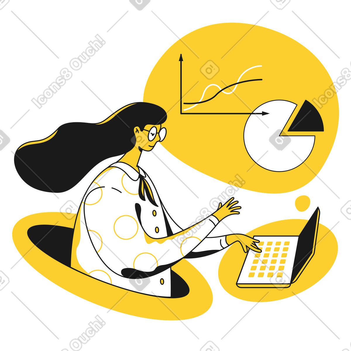 Donna che lavora al laptop con analytics illustrazione in stile Taxi scarica in PNG, SVG