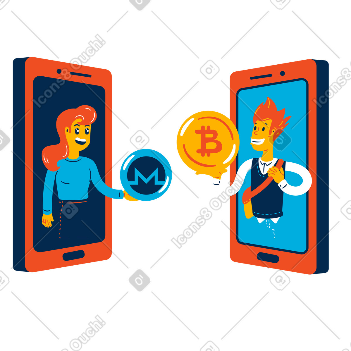 Ilustración Intercambio o transacción de criptomonedas entre pares a través dispositivos móviles en estilo Flame descargar en PNG y SVG