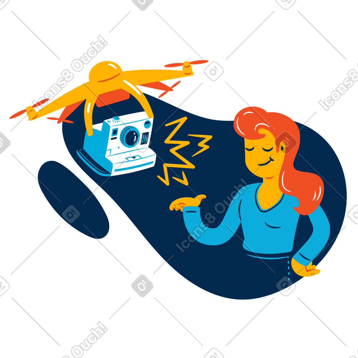 Woman being photographed by a drone illustration in PNG, SVG