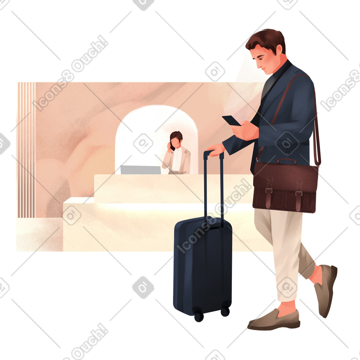 Man with suitcase at hotel reception illustration vector clipart graphics