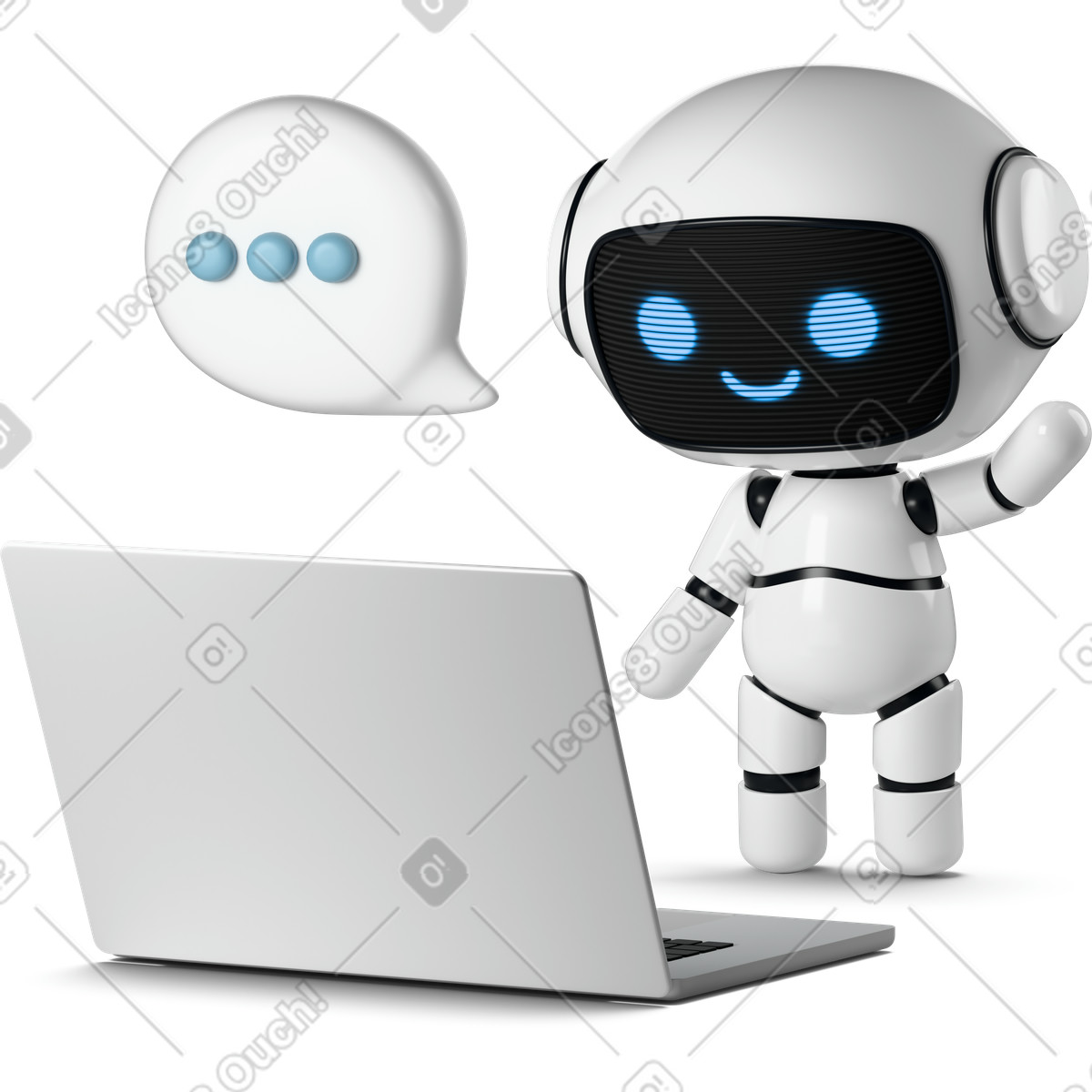 下载 3D Business 风格的 Cute robot using laptop 动画插图，支持 GIF、Lottie （JSON）、AE 格式