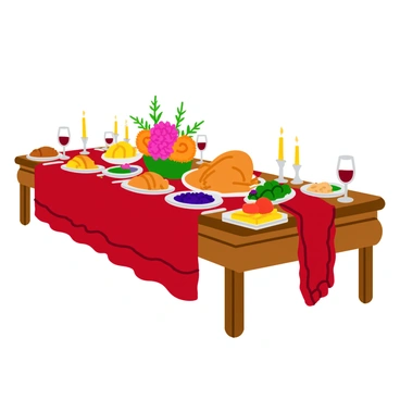 A long wooden table is elegantly set for a lavish feast. The table is adorned with a rich, intricately designed tablecloth in deep red. A variety of delicious dishes are spread across the table, including a golden roasted turkey, colorful vegetable platters, and an assortment of fresh bread rolls. Brightly colored fruits, like ripe grapes and juicy oranges, are arranged in bowls. Sparkling crystal goblets filled with red and white wine stand at each place setting. Candles in ornate holders provide a warm glow, creating a festive atmosphere. Decorative floral arrangements in vibrant hues sit at the center, enhancing the overall elegance of the setup.