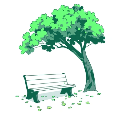 A white park bench sits alone under a large tree with a thick trunk. The tree's branches extend outward, creating a canopy filled with vibrant green leaves that filter the sunlight. The ground beneath the bench is scattered with fallen leaves, creating a natural carpet around it. The scene is tranquil, with the bench invitingly positioned for someone to relax and enjoy the surrounding beauty.