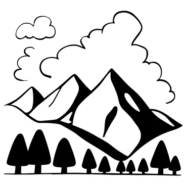 A dramatic mountain range with sharp peaks and deep valleys, outlined in thick black ink strokes. The sky above is filled with dense clouds, swirling and billowing, creating a sense of movement and depth. The mountains are rugged and jagged, with contrasting shadows highlighting their contours. A few trees are silhouetted against the base of the mountains, adding to the scale and grandeur of the scene. The overall composition conveys a powerful and imposing landscape.