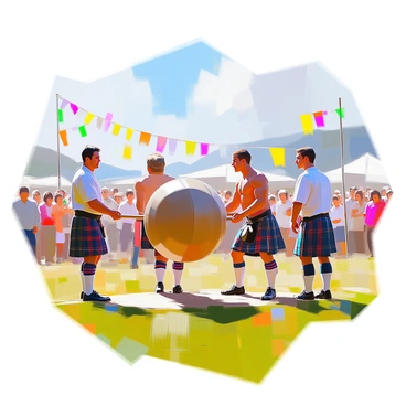 A group of athletes dressed in traditional Highland attire, including kilts and woolen socks, is engaged in the caber toss at a Highland Games event. One athlete is preparing to lift a long wooden caber, showcasing their muscular build and focused expression. Another athlete stands nearby, ready to evaluate the toss, with a crowd of spectators in the background cheering them on. The setting features lush green grass underfoot and distant hills, while colorful banners flutter in the breeze. The atmosphere is filled with excitement and anticipation as the competitors showcase their strength and skill.