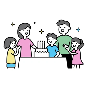A family gathered around a white table decorated with colorful party decorations. In the center, there is a birthday cake with bright candles on top. A young child, wearing a blue shirt, is smiling with eyes closed, blowing out the candles. The child's parents are standing nearby, smiling proudly. The mother is wearing a red dress, and the father is in a green shirt. Two siblings, one wearing a yellow shirt and the other in a pink dress, are clapping their hands in excitement.