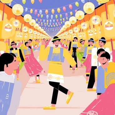 Ichinose is at a vibrant street festival filled with colorful decorations. The street is lined with traditional lanterns in various shapes and sizes, glowing warmly against the evening sky. Dancers in elaborate costumes are performing, showcasing their movements with joy and precision. Ichinose is smiling, wearing a festive outfit that blends harmoniously with the lively atmosphere. The background features cheerful festival attendees enjoying the festivities, creating an overall sense of celebration and excitement.