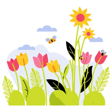 A vibrant garden scene filled with a variety of plants and flowers. There are tall sunflowers with golden yellow petals standing prominently. In the foreground, colorful tulips in shades of red, pink, and yellow create a lively display. Green ferns with intricate leaf patterns are scattered throughout, adding depth to the scene. Small, round bushes with bright green leaves provide contrast against the flowers. Butterflies with vivid wings flutter among the blossoms, and a small bumblebee is perched on one of the flowers, adding life to the illustration. A blue sky with fluffy white clouds serves as the backdrop for this lively garden.