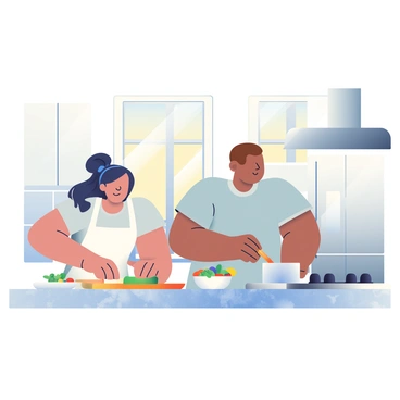 A couple is cooking a meal together in a bright and modern kitchen. The woman, with long dark hair tied in a bun, is chopping vegetables on a wooden cutting board. She is wearing a white apron over a light blue shirt. The man, with short brown hair, is stirring a pot on the stove and is wearing a gray t-shirt. The kitchen features sleek white cabinets, stainless steel appliances, and a marble countertop. Sunlight streams in through large windows, illuminating the space. A bowl of fresh herbs sits on the counter beside them, and there is a bowl of colorful salad ready for serving.