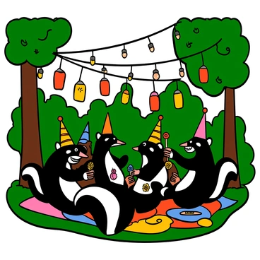 A group of skunks with black and white fur gathered together in a dense green forest, celebrating with a festive party. The skunks are wearing colorful party hats and are lounging on vibrant picnic blankets. String lights and lanterns hang between the trees, casting a warm glow over the scene. Some skunks are holding small treats and dancing, while others are sitting and chatting. The background features lush foliage and tall trees, enhancing the lively atmosphere of the party.