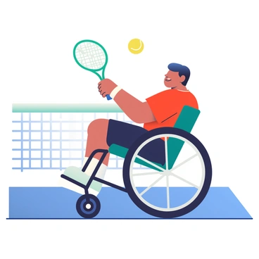 A wheelchair tennis player with medium skin is positioned on a tennis court, focused on hitting a backhand shot. The player has short black hair and is wearing a red sports shirt and black shorts. Their left arm is extended back, gripping a tennis racket, while their wheelchair is in motion, with one wheel lifted off the ground for balance. The court has a bright blue surface, and a yellow tennis ball is flying towards them, just above the net. The player's facial expression shows concentration and determination as they prepare to make contact with the ball.