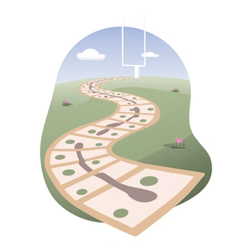 A digital flat illustration featuring a long, winding road made entirely of cash. The road is composed of neatly arranged dollar bills, creating a textured surface. In the background, a distant goalpost stands tall, its white poles contrasting sharply with the vibrant green grass. The sky above is a bright blue with a few fluffy white clouds. On either side of the cash road, there are patches of green grass and small wildflowers, adding a touch of color to the scene. The entire composition leads the viewer's eye toward the goalpost at the end of the cash road.