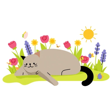 A fluffy gray cat lounging on a patch of soft green grass in a vibrant garden. The garden is filled with an array of blooming flowers in various colors, including red roses, yellow daisies, and purple lavender. Colorful butterflies flutter around the cat, some resting on the flowers nearby. The sun shines brightly, casting playful shadows on the ground, enhancing the lively atmosphere of the scene.