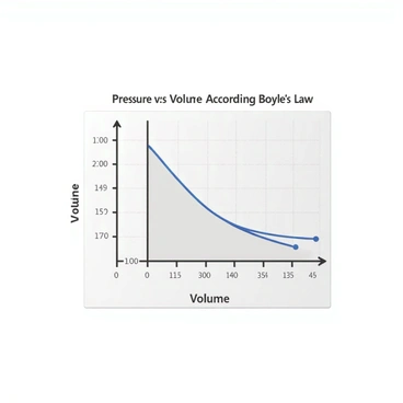 A scientific graph displaying pressure versus volume data points. The x-axis represents volume, marked with numerical values, while the y-axis represents pressure, also marked with numerical values. Several data points are plotted on the graph, showing a downward curve. The curve represents Boyle's Law, illustrating the inverse relationship between pressure and volume. The graph has a grid background, and the axes are clearly labeled. A title "Pressure vs Volume According to Boyle's Law" is displayed prominently at the top.