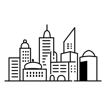 A collection of buildings with various geometric shapes, including rectangles, triangles, and circles, arranged in a visually interesting composition. Each building is outlined in bold black lines, emphasizing their unique forms. Some buildings have flat roofs, while others feature pointed tops or domes. The scene shows a mix of tall skyscrapers and shorter structures, creating a dynamic skyline. The ground is flat and simple, with no additional elements present.