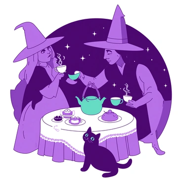 A purple witch with a tall pointed hat is sitting at a round table covered with a white lace tablecloth. She is pouring steaming tea from a teal teapot into a levitating white cup. Another purple witch, wearing a flowing dress, is holding a teal cup that is also floating in the air. Surrounding the table are various pastries on white plates, and the background features a deep purple sky dotted with twinkling stars. A playful black cat with bright teal eyes is sitting on the table, watching the cups float.