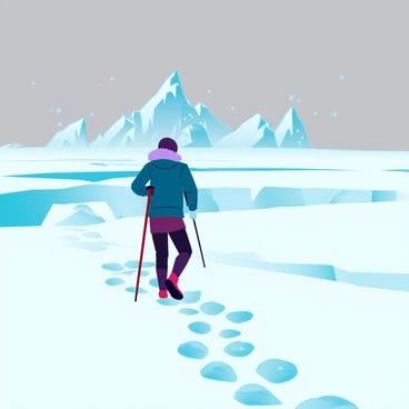 A lone figure with a heavy, insulated coat and a fur-lined hood trudges through a vast, snow-covered wasteland. The figure leaves deep footprints in the fresh, powdery snow. Flurries of snowflakes swirl around, creating a stark contrast against the gray, overcast sky. In the distance, jagged ice formations jut out from the ground, their surfaces glistening with frost. The landscape stretches endlessly, with gentle undulations and drifts of snow creating a sense of isolation and desolation. The figure clutches a thick walking stick, navigating the harsh environment with determination.
