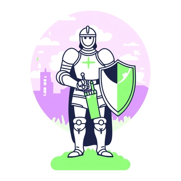 A valiant knight stands proudly, wearing intricate full armor that covers him from head to toe. The armor is detailed with engravings and embellishments that reflect his noble status. He holds a large shield in his left hand, adorned with a crest, while his right hand grips the hilt of a sword, ready for battle. The knight's helmet has a visor raised, revealing focused eyes. He stands on a grassy terrain, with a distant castle looming in the background. The sky above is filled with clouds, creating a dramatic atmosphere around the scene.