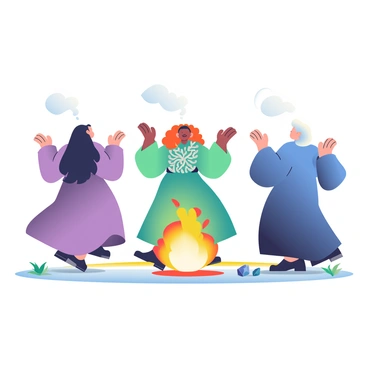 Three witches are encircling a bright ring of fire, their movements synchronized as they perform a ritual dance. Each witch has distinct features: one with long black hair, dressed in a flowing purple gown, a second with curly red hair wearing a green dress adorned with silver patterns, and the third with short white hair dressed in a deep blue robe. Their arms are raised gracefully, and they are chanting silently, creating a sense of unity in their performance. The flames of the fire flicker and cast warm glows on their faces, while smoke swirls upwards into the night sky, adding an element of mystique to the scene. Surrounding the fire, various herbs and crystals are scattered on the ground, enhancing the ritualistic ambiance.