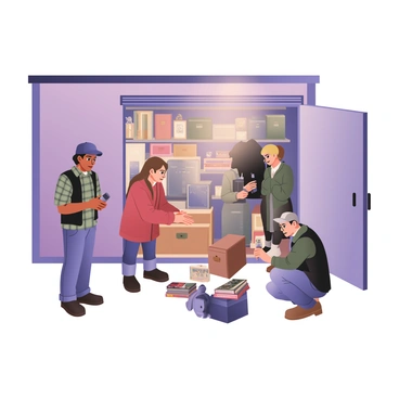 A group of four bidders is gathered around an open storage unit. The storage unit is filled with various hidden treasures including vintage furniture, old toys, and stacks of colorful boxes. The first bidder on the left has light skin and curly brown hair, wearing a plaid shirt and jeans. The second bidder has dark skin and is dressed in a black leather jacket and boots, intently examining a wooden chest. The third bidder, a woman with medium skin and long straight hair, is wearing a red sweater and blue leggings, crouching down to inspect a stack of comic books. The last bidder is an older man with gray hair, wearing a baseball cap and a green jacket, holding a flashlight to get a better look inside the unit. Sunlight is streaming in from the entrance of the storage unit, illuminating the treasures inside and creating a sense of excitement among the bidders.