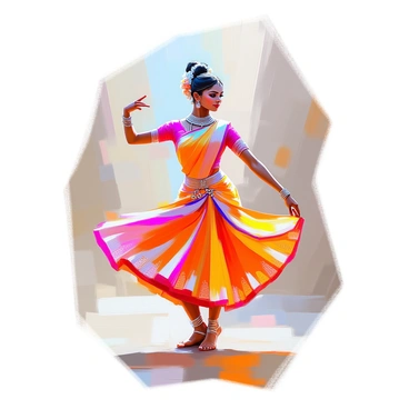 An Odissi dancer with dark skin is poised gracefully in a traditional dance pose. She is adorned in a colorful saree with intricate patterns, complemented by elaborate silver jewelry that sparkles in the light. Her hair is neatly styled, with fresh flowers woven into a bun, and her facial expression reflects focused elegance, capturing the essence of the dance. The dancer's arms are elegantly extended, showcasing intricate hand gestures, while her legs are positioned in a classical stance, highlighting the fluidity and strength of her movement. The background is softly blurred, emphasizing the dancer as the central figure in the composition.