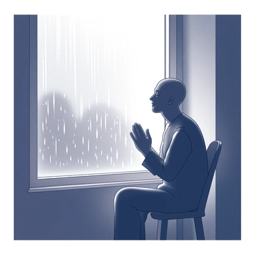 A person sitting on a chair next to a window. The figure has their eyes closed and hands clasped in front of them, engaged in prayer. The window is slightly fogged due to the moisture from the rain. Raindrops can be seen streaming down the glass, with occasional splashes as they hit the surface. The room is dimly lit, creating a contrast between the interior and the gray, rainy weather outside. The person's silhouette is partially illuminated by soft light coming from the room's interior.