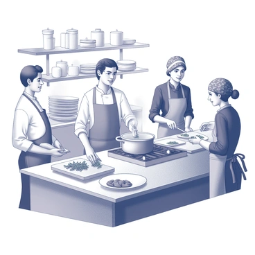 A bustling kitchen filled with various cooking equipment and ingredients. A diverse team of chefs, representing different genders, are actively engaged in their tasks. One chef, wearing a white chef's coat and apron, is chopping vegetables on a cutting board. Another chef, dressed in a black uniform, is stirring a pot on the stove, with steam rising around them. A third chef, with a colorful headscarf, is arranging plates with precision. The atmosphere is lively, with the chefs communicating and collaborating effectively as they prepare a meal.