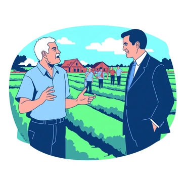 Cesar Chavez, wearing a light blue shirt and dark trousers, is engaged in conversation with Robert F. Kennedy, who is dressed in a dark suit and tie. They are standing in a farm setting, surrounded by rows of green crops under a clear sky. Chavez is gesturing passionately as he speaks, while Kennedy listens intently, showing a look of interest on his face. In the background, there are several farm workers, some holding tools, and a few traditional farm structures are visible. The scene captures a moment of dialogue and collaboration in the agricultural landscape.