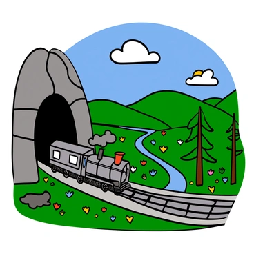 A train with a sleek, metallic body is emerging from a dark tunnel, with steam billowing from its engine. The tunnel is surrounded by rocky walls that contrast with the vibrant colors of the valley ahead. The valley is filled with lush green grass, colorful wildflowers, and tall trees under a clear blue sky. Sunlight is streaming down, illuminating the scene and creating a bright and cheerful atmosphere. In the distance, rolling hills and a sparkling river can be seen, enhancing the beauty of the landscape surrounding the train as it moves forward.
