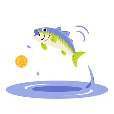 A fish with vibrant scales, showcasing shades of blue and green, is jumping out of a clear blue body of water. The fish has its mouth open wide, aiming for a shiny coin-shaped bait that glistens in the sunlight. Water droplets arc gracefully around the fish as it leaps, creating ripples in the water's surface. The shadow of the fish is visible beneath the water, contrasting with the bright surface above. The scene captures the dynamic moment of the fish's leap in pursuit of the bait.