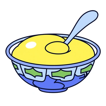 A decorative bowl made of intricately designed ceramic, showcasing vibrant patterns in blue and green. The bowl is filled with bright yellow haldi paste, smooth and creamy in texture. Beside the bowl is a small silver spoon, its handle elegantly curved, resting gently in the paste. Soft light highlights the glossy surface of the haldi, emphasizing its rich color and inviting appearance.