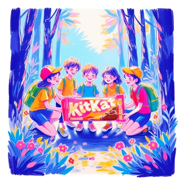 A group of five kids is gathered in a vibrant green forest. They are all smiling and laughing, clearly excited about their adventure. Two boys and three girls are present, with one girl wearing a bright red baseball cap and another girl sporting pigtails. The first boy is wearing a blue t-shirt, while the second boy has a green backpack slung over one shoulder. In the center of the group, they are proudly holding a giant KitKat bar, which is oversized and wrapped in colorful packaging. The forest around them is filled with tall trees and patches of sunlight breaking through the leaves. Some wildflowers can be seen at their feet, adding to the lively atmosphere of their quest.