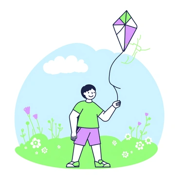 A child is standing in a wide field, holding onto a string attached to a colorful kite. The child is wearing a bright t-shirt and shorts, with a joyful expression on their face. The kite is soaring high in the sky, lifted by visible wind force lines that stretch upward from the kite. Surrounding the child, there is a lush green landscape dotted with wildflowers, and in the background, a few fluffy clouds float in a clear blue sky. The sun is shining brightly, creating a warm atmosphere.