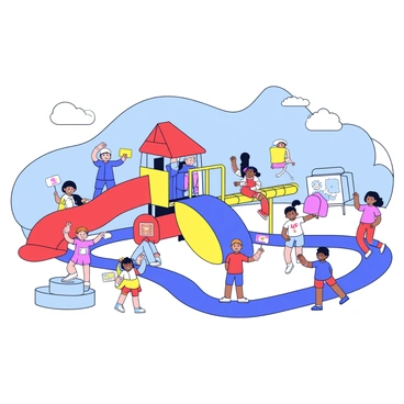 A playground filled with children engaging in various activities. There are swings, slides, and climbing structures designed with smooth, rounded edges. The equipment features bright colors, such as red, blue, and yellow, and incorporates interactive elements that respond to the children's movements. Some children are climbing up a brightly colored jungle gym while others are sliding down a twisty slide. In the background, a few kids are playing with a digital sandbox that creates augmented reality images as they shape the sand. The sky is clear and blue, adding to the cheerful atmosphere.