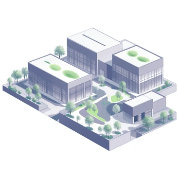 A modern industrial park with a sustainable design to manage rainwater runoff