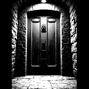 A locked door is positioned at the end of a dark dungeon hallway. The door is made of heavy wood, featuring intricate carvings and ornate designs. Its surface is adorned with various puzzle mechanisms, including rotating dials and hidden levers. The hallway is lined with rough stone walls, with shadows cast by flickering torches, illuminating the door's details. The floor is made of uneven cobblestones, and faint traces of moisture can be seen on the surfaces. The atmosphere is tense, suggesting secrets waiting to be uncovered.