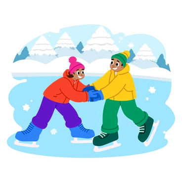 Two kids pushing each other on ice skates at a frozen pond.