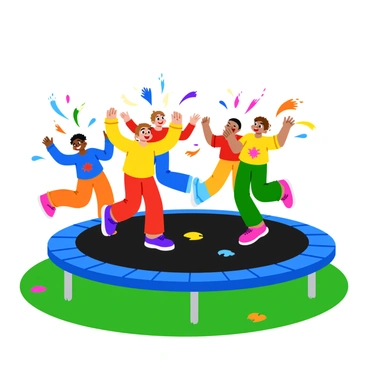A vibrant scene featuring several children joyfully bouncing on a large trampoline. Each child is wearing bright, colorful clothing, with splashes of paint on their outfits. As they jump, vibrant paint in shades of blue, red, yellow, and green is flying through the air, creating a dynamic explosion of color around them. The trampoline is set in a grassy yard, and the children are laughing, their expressions full of excitement and energy. Some of the paint splatters are landing on the trampoline surface, adding to the cheerful chaos of the scene.