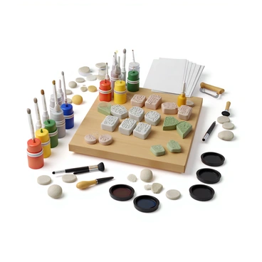 A table filled with an array of colorful art supplies for printmaking. There are several tubes of vibrant paint in various colors, including red, blue, green, and yellow, arranged neatly alongside a set of paintbrushes with different sizes. A collection of textured printing blocks is positioned prominently, showcasing their intricate designs. In addition, there are several sheets of white paper stacked beside the supplies, ready for printing. Scattered around the table are sponges, rollers, and a few ink trays filled with different shades of ink.
