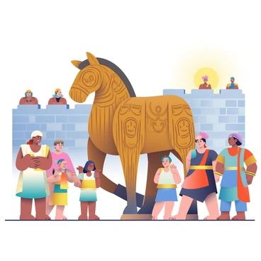A large wooden Trojan Horse stands in the center of a bustling scene, its intricate carvings visible on the surface. Surrounding the horse are Trojans with various expressions of awe and curiosity. Some Trojans have light brown skin and wear flowing, colorful tunics, while others have darker skin and are dressed in more elaborate garments adorned with gold accents. A few children stand at the front, pointing at the horse with wide eyes. In the background, a stone city wall is visible, with guards peeking over the top, watching the unfolding events. The sun is shining brightly from above, casting soft shadows on the ground.