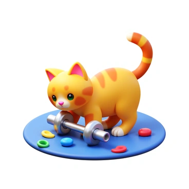 A playful scene featuring a pet cat with soft fur and bright eyes, carefully investigating a shiny barbell. The barbell is metallic, reflecting light with a sleek design, and is placed on a soft rug. The cat is crouched down, one paw raised, and its tail is playfully swishing. There are scattered toys around the cat, adding to the playful atmosphere. The cat's expression is curious, with its ears perked up and whiskers twitching as it examines the barbell.