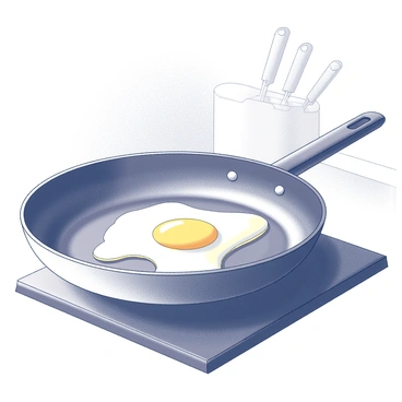 A frying pan sits on a stove with a shiny surface. Inside the pan, a sunny-side-up egg is cooking. The egg white is beginning to bubble and has a slightly crisp edge. The yolk is perfectly centered and round, glistening with a glossy finish. The background shows the outlines of kitchen utensils and a hint of a countertop, adding context to the scene.