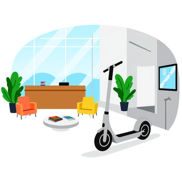 A sleek, silver Segway is parked and charging in the lobby of a modern corporate office. The lobby features a high ceiling with large glass windows allowing natural light to flood in. There are minimalist-style furniture pieces, including a low coffee table with a few magazines on it and a couple of contemporary chairs arranged around it. Lush green plants are placed in the corners, adding a touch of color to the space. A reception desk made of polished wood is visible in the background, and a digital screen displaying company information is mounted on the wall.