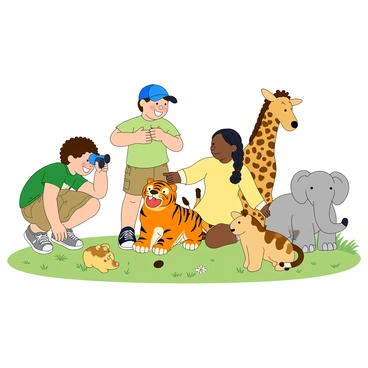A group of three children, two boys and one girl, are engaged in a playful jungle safari adventure. The first boy has curly brown hair, wearing a green t-shirt and cargo shorts, is crouching down with a big smile, holding a pair of fake binoculars to his eyes. The second boy, with straight black hair and wearing a blue cap, is standing next to him, pointing excitedly at a colorful plush tiger that is sitting on the ground. The girl, with braided hair and wearing a yellow dress, is kneeling beside a plush elephant, gently petting it. All around them are various plush animals, including a lion and a giraffe, scattered on a patch of grass. The atmosphere is filled with joy and imagination as they explore their make-believe jungle.