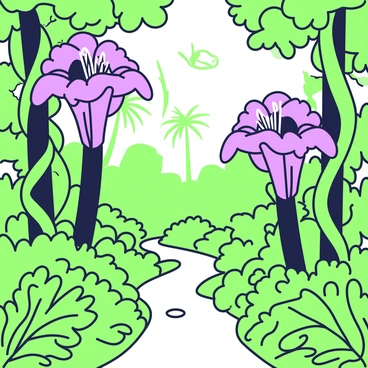 A narrow jungle path winds through the vegetation, flanked by towering corpse flowers with large, intricate petals. The flowers stand tall, their unique shapes dominating the landscape. Lush green foliage surrounds the path, with vibrant green leaves and intertwined vines creating a dense atmosphere. Sunlight filters through the canopy above, casting dappled patterns on the ground. In the background, hints of other exotic plants and trees can be seen, contributing to the rich biodiversity of the jungle.
