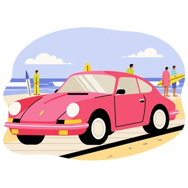 A red Porsche 911 parked on a wooden boardwalk. The car has sleek curves and shiny details, reflecting the sunlight. In the background, there are several surfers preparing to catch waves, holding colorful surfboards. The beach is visible, with soft golden sand and gentle blue waves rolling in. A bright blue sky with a few fluffy white clouds completes the scene.