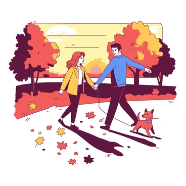 A couple is walking a dog in a park during sunset. The couple is holding hands, with the woman wearing a light yellow jacket and the man in a deep blue sweater. The dog is a small brown terrier, playfully tugging on its leash. The ground is covered with a blanket of orange and red autumn leaves. The sun is low in the sky, casting a warm glow over the scene, creating elongated shadows of the couple and the dog. Trees in the background display vibrant foliage, enhancing the autumn atmosphere.