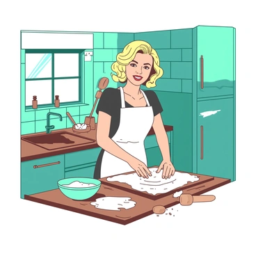 A teal retro kitchen filled with vintage appliances and warm lighting. In the center, "Marilyn Monroe" is wearing a white apron dusted with flour. She has her hair styled in soft curls, and she is smiling as she kneads dough on a wooden countertop. Around her, there are various baking utensils, including a rolling pin and a bowl filled with flour. The walls are adorned with pastel-colored tiles, and a small window lets in bright sunlight, illuminating the scene.