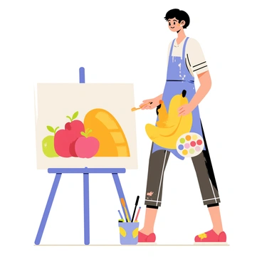 An artist painting a still life of a bread loaf and fruits on canvas